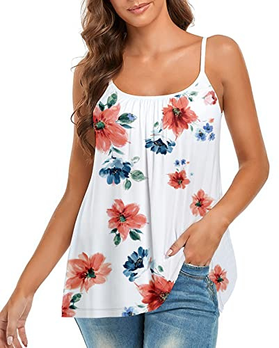 Camisoles för kvinnor med inbyggd BH justerbar rem linne linne ärmlös sommartoppar för träning sova resor, Blommigt tryck – vit, L