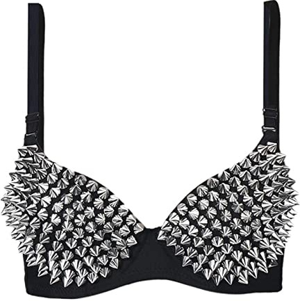 GHAKKE Sexy Bras Women Party All-over Spike Rivet Metallic Punk Dance Push Up Bra Nightclub Costumes Bras Bralette (Color : Black, Size : 32)