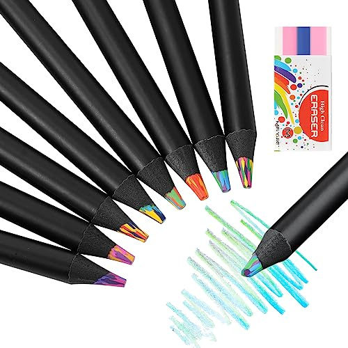 AUAUY 8 Farben Regenbogenstifte, 8 Stück Regenbogen-Buntstifte mit Radiergummi Jumbo Buntstifte für Erwachsene, Kinder, Künstler, Profis, Anfänger, Bleistifte zum Zeichnen Skizzieren Kritzeln Ausmalen