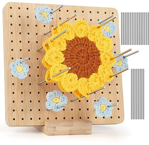 Aeelike Granny Square Spanner mit 24 Edelstahl-Stabstiften, Handcrafted Wooden Blocking Board Häkeln, Sperrbrett für Granny Square mit 1 Stand, Superstabil Sperrbrett Häkeln Holz Blockierbrett(19,5cm)