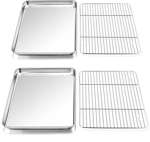 P&P CHEF 16 Inch Stainless Steel Baking Sheet with Rack Set (2 Pans+ 2 Racks), Cookie Sheets Baking Trays and Cooling Wire Racks, Oven & Dishwasher Safe, Pans with Flat Racks