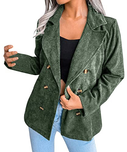 Womens Corduroy Jackets Formal Casual Business Office Work Blazers Double Breasted Long Sleeve Lapel Collar Smart Casual Suit Jackets Blazers Stylish Autumn Cord Shirts Jacket
