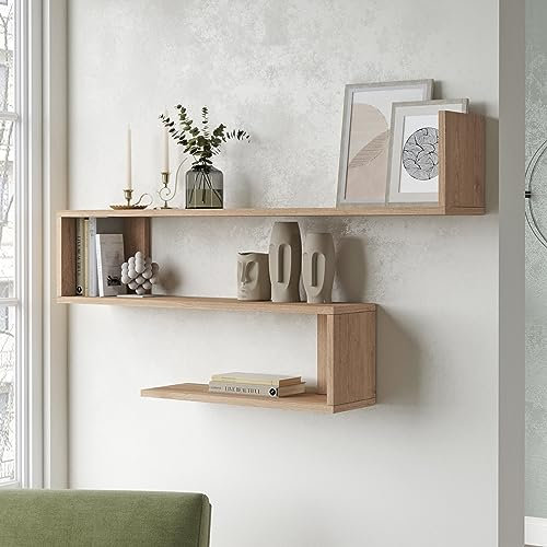 [en.casa] Estantería de Pared Kitee de 3 Niveles Estantes Flotantes Moderna Librería para Salón Oficina Pasillo Decoración Dormitorio Aglomerado 120 x 15 x 72 cm - Efecto Roble