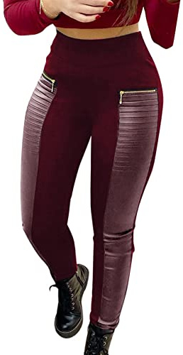 Leggings da donna a vita alta, effetto pelle, sexy, in similpelle, elasticizzati, skinny, leggings in pelle PU, leggings con cerniera, pantaloni Treggings, leggins in pelle, Colore: rosso, XL