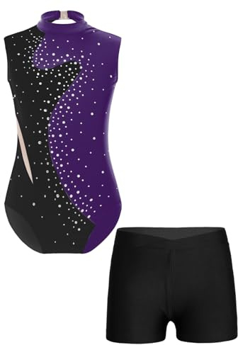ranrann Barn flicka gymnastik trikådräkt ärmlös strass glänsande med shorts outfit skridskoåkning dans kostym show 5–16 år, A lila och svart, 13-14 �r