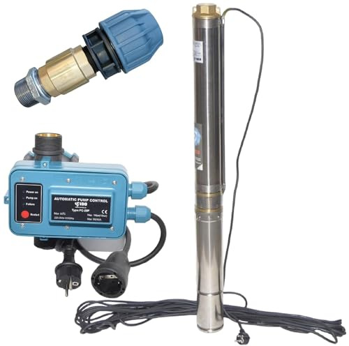 PAG Turbo GmbH® - 3 Tiefbrunnenpumpe sandverträglich 6000L/h - 6,2 bis 7,7bar - Pumpensteuerung PC-20P - Pumpenanschlussset 1 1/4 (3 STM20-7,7bar)