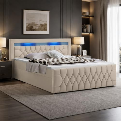Juskys Boxspringbett Leona 180x200 cm - Bett mit LED Beleuchtung, Topper & H4 Federkern Matratzen - Doppelbett mit Samt und Steppung - Beige