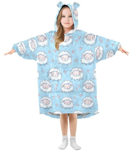 Übergroße Decke mit Kapuze für Kinder, Erwachsene, Mädchen, Jungen, Fleece-Hoodie, Decke, niedliches Schaf, warm, Plüsch, tragbare Decke, Kapuzen-Sweatshirt mit geräumiger Tasche, Größe S