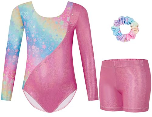 Gogokids Maillot de gimnasia de tres piezas, de manga larga, con pantalones cortos y cinta para el pelo, para ballet, con colores degradados, para niñas de 3 a 12 años, 140(130-140 cm,9-10Y)