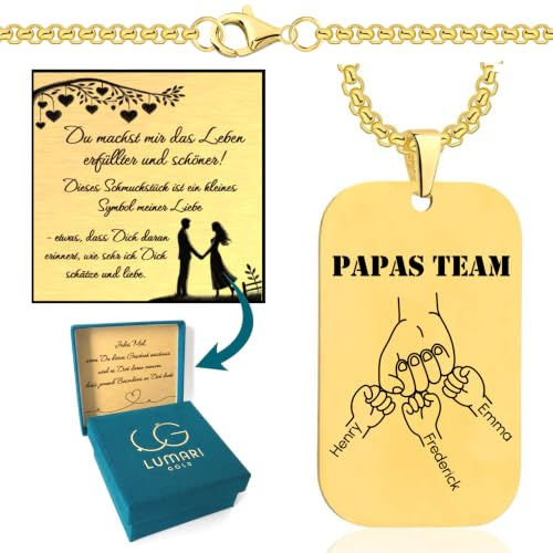 Lumari Gold Personalisierte Dog Tag Herren Erkennungsmarke Halskette mit Gravur Papa Kinderhände Geschenk für Vatertag Geburtstag einzigartiges Souvenir - Kette mit Kindernamen ID Kette mit Namen