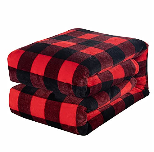 MINGZHE Karierte Flanell-Fleecedecke,Nickerchendecke, Flanelldecke, Rot/Schwarz, kariert, Flanell-Fleecedecke, Flanell, Polyesterfaser, Reise-Überwurf, Geschenk für Couch 150 x 200 cm