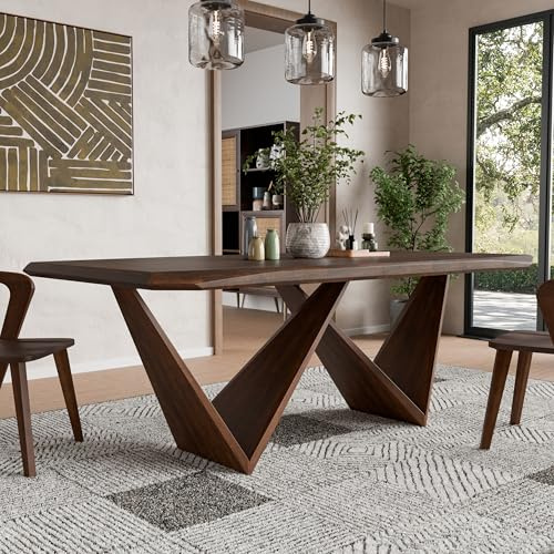 Furniture of America Nazaen III 82.5 Mid-Century Modern Solid Wood Live Edge Dining Table with Steel Support, Walnut Finish, Seats 4–6