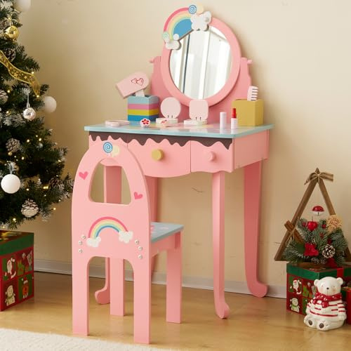 LALAHO Kinderschminktisch mit Hocker und Frisierkommode – Schminktisch für | Mädchen mit 7 Spielzeug-Make-up Accessoires zum Rollenspiel (Rosa)