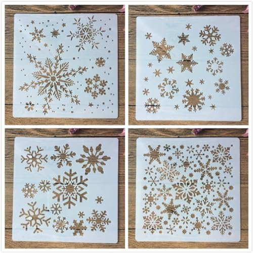 Schablonen zum Basteln, 4 Stück, 20 x 20 cm, Schneeflocken-Winter, wiederverwendbare Schablonen, Schablonen zum Malen auf Holz, Wandschablonen, Schablonen für Steinmalerei