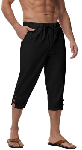 YAOHUOLE Pantacourt Lin Homme Short Long en Lin Homme Shorts Et Bermudas Homme Noir L