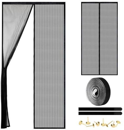 Magnetische Fliegengittertür, selbstdichtend, strapazierfähig, freihändige Netztrennwand hält Insekten fern, lässt Brise hinein, Haustier- und kinderfreundlich, hält offen (schwarz, passend für