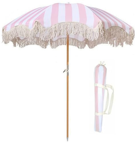 Parasol d'extérieur avec Protection UV 50+ et Franges, Parasol de Plage pour Pelouse, Jardin,Terrasse, mât Pliable Robuste et Sac de Transport