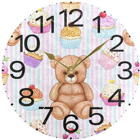 Kutsu Scale Bears Cupcakes Wall Clock Silent Non Ticking, Battery Operated Round Clock 10 Inch for Home Bedroom Living Room Kitchen Office School Classroom, Gold