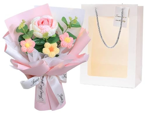 Crochet Flowers, Crochet Flower Bouquet Knitted Flowers Handmade Pink Roses for Women, Birthday, Home Decoration, Mother’s Day, Valentine’s Day, Anniversary, Graduation, Wedding Gift