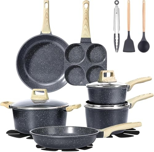 GiPP 17PCS Pot and Pan Set Non-Toxic with Granite Non-Stick Coating- 17 Pieces Frying Pan Cookware Set,Saucepan Cooking Pans & Pots Set,PFOS/PFOA/PFAS Free,for All Hob Types(Grey,17PCS)