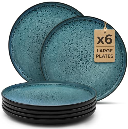 Twinzee Vajillas Completas 6 Personas de Gres Azur Resistente - 6 Platos Grandes estilo Riviera - Apta microondas