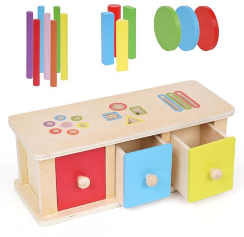 Montessori Toys Wooden Color Sorting Toys Object Permanent Box with Drawer Boxs,Coin Box,Learning Activity Cube Sensory Shape Sorter Educational Toy Fine Motor Matching Games for Kids Boys Girls Gift