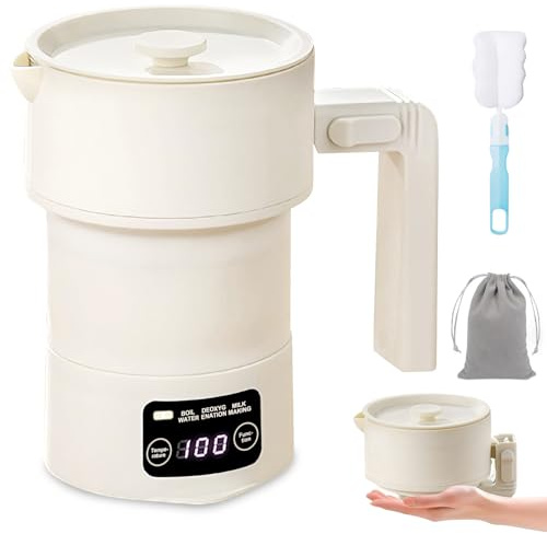 Hervidor de agua plegable de 600 ml – Hervidor de agua portátil pequeño de acero inoxidable y silicona – Hervidor de agua pequeño para camping plegable con 9 niveles de temperatura, silencioso y