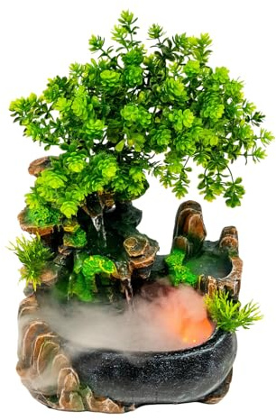 Zimmerbrunnen, Zen Tischbrunnen mit LED Beleuchtung Springbrunnen und Einer Leisen Tauchpumpe Geliefert, 220v Tischplatte Wasserbrunnen Grüne Pflanze Deko für Heimdekoration, Foyer, Büro (20*15*28cm)