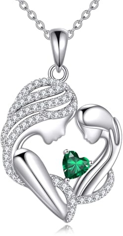 YFN Mutter und Tochter Halskette 925 Sterling Silber Herz Mai Geburtsstein Halskette Mama Anhänger Schmuck Geschenk für Frauen