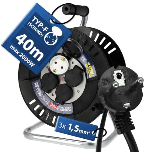 Kabeltrumma 40m IP44 - Förlängningskabel med 4 Schuko-uttag 3×1,5 mm² Kabelrulle Utomhus 230V 2000W - Robust Kabelvinda för Trädgård Verkstad Garage - Elektrisk Förlängningskabelvinda - Horoz Electric