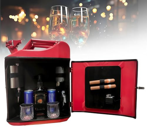 UIHECTA Kanister-Bar 20L, Benzin-Kanister Mini-Bar, Mini-Mobilbar Set, mit Zigarrenfach, Schloss & Schlüssel, Personalisierte Geschenke für Männer, Größe: 36 x 47 x 17 cm,Rot