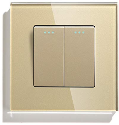 Interruptor Luz Pared, 2 Gang 1 Way Button Interruptor Estándar para el hogar Negro Blanco Dorado con panel de cristal para(Golden,1Way)