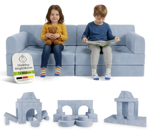 Juskys® Kindersofa Kayo - Cord, modular & weich, Sofa für Kinderzimmer & Spielzimmer, sicher, flexibel, pflegeleicht, mit abnehmbaren Bezügen – Hellblau