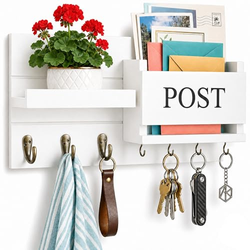 AJIEQAQ Schlüsselbrett Holz mit Ablage & Briefablage, Landhausstil | Wandgarderobe, 3 Garderobenhaken, 4 Schlüsselhaken, Für Flur & Eingangsbereich, 42 x 21 x 9 cm