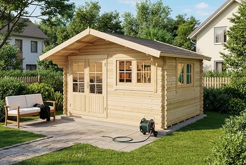 Alpholz Gartenhaus Gabriel 438x367cm Natur inkl. Boden 28mm Wandstärke | aus Holz (Nordische Fichte|Kiefer), Blockbohlenbauweise, Satteldach