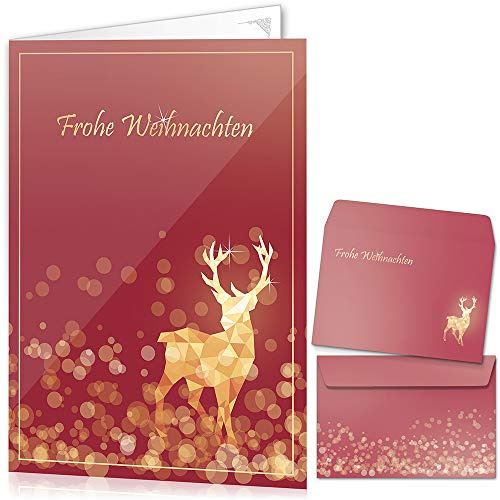 beriluDesign Weihnachtskarten mit Umschlägen 15er Set - Klappkarten mit Rentier-Motiv in Rot für die schönsten Weihnachtsgrüße