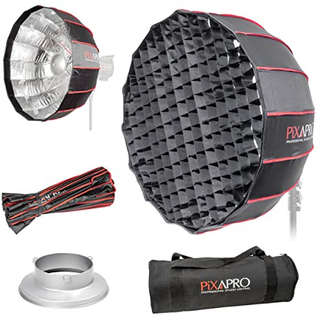 Pixapro 65cm 2ft Bowens S-Type Rice Bowl Softbox With Grid Easy-Open 16 Rods Circular Parabolic Soft Box Round Diffuser Studio Photo Key Light Photography (Silver)