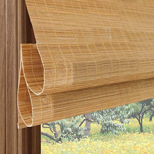 Cordless Blackout Bamboo Window Shades, Outdoor Cordless Woven Wood Roller Shades, Light Filtering Window Roman Blinds with 6 Valance, Bamboo Shades for Doors, 48 W x 60 H, Camel