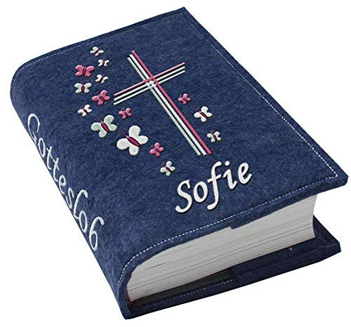 Gotteslob Gotteslobhülle Hülle Kreuz Schmetterlinge pink rosa Filz Namen bestickt Einband Umschlag personalisierte Gesangbuchhülle, Farbe:dunkelblau meliert