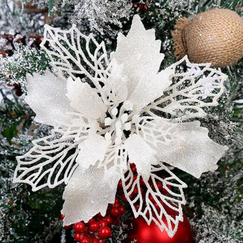 GL-Turelifes Lot de 12 Fleurs Poinsettia artificielles à Paillettes pour Sapin de Noël, 16 cm de diamètre, avec 12 Attaches Vertes Douces (Blanc)