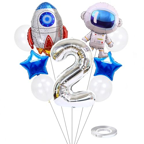 Kawailay Weltraum Luftballon Set Astronauten Geburtstag Deko 2 jahre Astronauten Raketen Folienballon Silber Zahl 2 Luftballons Aluminium Ballon für Kinder Jungen Mädchen Geburtstag Party