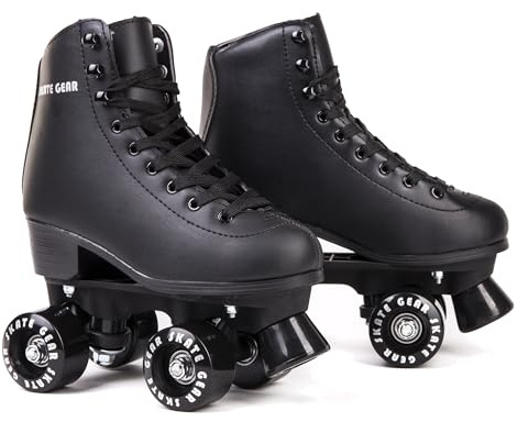 Skate Gear Extra Support Quad Roller Skates for Kids and Adults (Black, Women's 11 / Men's 10)