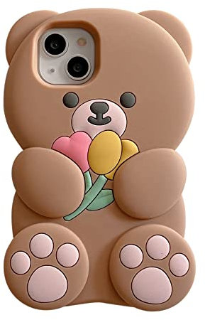 YAKVOOK Kawaii Phone Cases Apply to iPhone 11 Pro Max, Cute Cartoon Bear Phone Case with Flower Teddy Bear Brown Phone Case 3D iPhone 11 Pro Max Case Soft Silicone Shockproof Cover for Women Girls