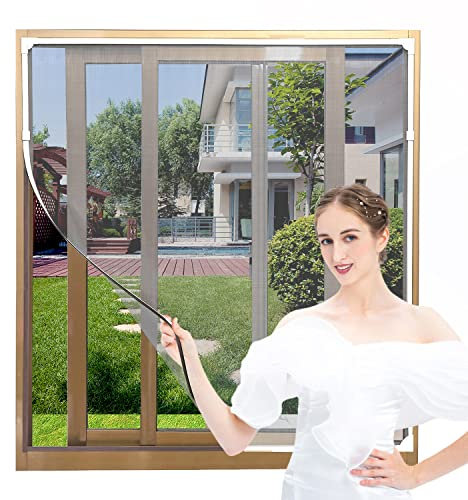 AMLOOPH Magnetic Window Fly Screens for Windows Nets to Keep Bugs Out, Up to 120x130cm DIY Fly Bug Mosquito Net Window Mesh Insect Screen for Windows, White PVC Frames Grey Fiberglass Window Screen