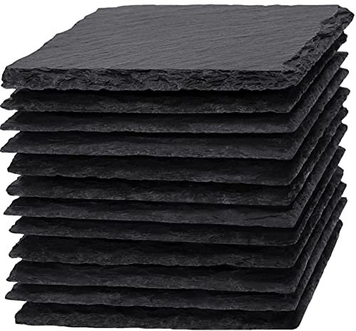 WEWINK PLUS 12 Pieces Coasters for Drinks, 4 Inch Black Slate Stone Coasters Bulk with Anti-Scratch Backing for Bar, Gifts, DIY, Laser Engraving, Kitchen, Home Decor, Square