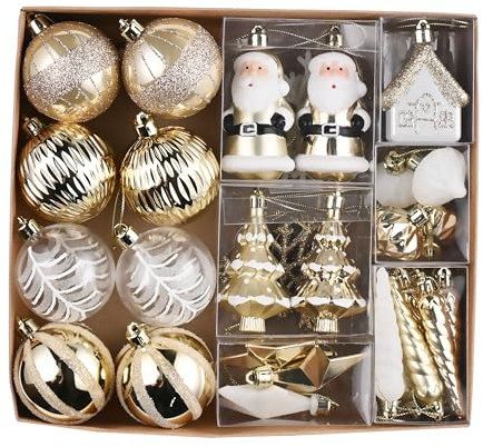 Valery Madelyn Christmas Tree Decorations Gold White Christmas Baubles 40pcs 60mm Shatterproof Baubles Set for Christmas Tree Balls Ornaments for Xmas Decoration