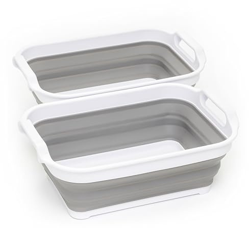 SAMMART Collapsible Tub - Foldable Dish Tub - Portable Washing Basin - Space Saving Plastic Washtub (Size S, White/Grey (Set of 2))