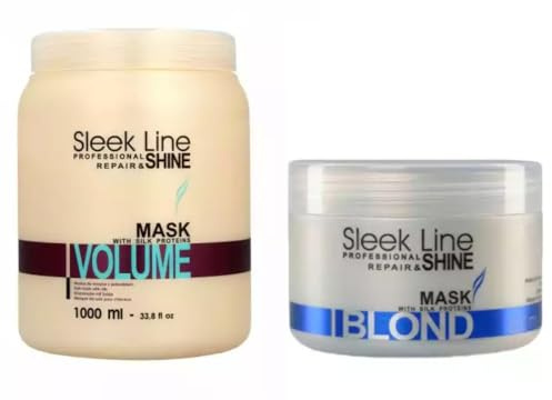 Stapiz Sleek Line Q10 mask blond blå 250 ml & Sleek Line volymmask 1 000 ml – premium hårmask för blont hår och volym, anti-gulfärgning och sömn bun optimering