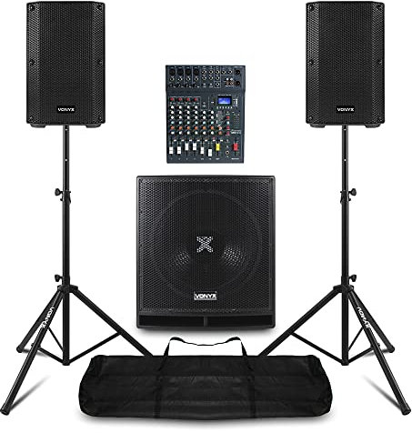 VONYX VSA08BT 8 Active PA System Package with 15 Subwoofer, Studiomaster CLUBXS8 Mixer, Speaker Stands and Bluetooth - Ideal for DJs, Bands & Church Setups, 1300W