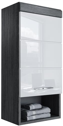Newroom Hängeschrank Bad Weiß Hochglanz Anthrazit 1 Tür Wandschrank modern | verstellbarer Einlegeboden plus offenes Ablagefach, Badezimmermöbel Badschrank, für kleine Bäder und Gäste-WC